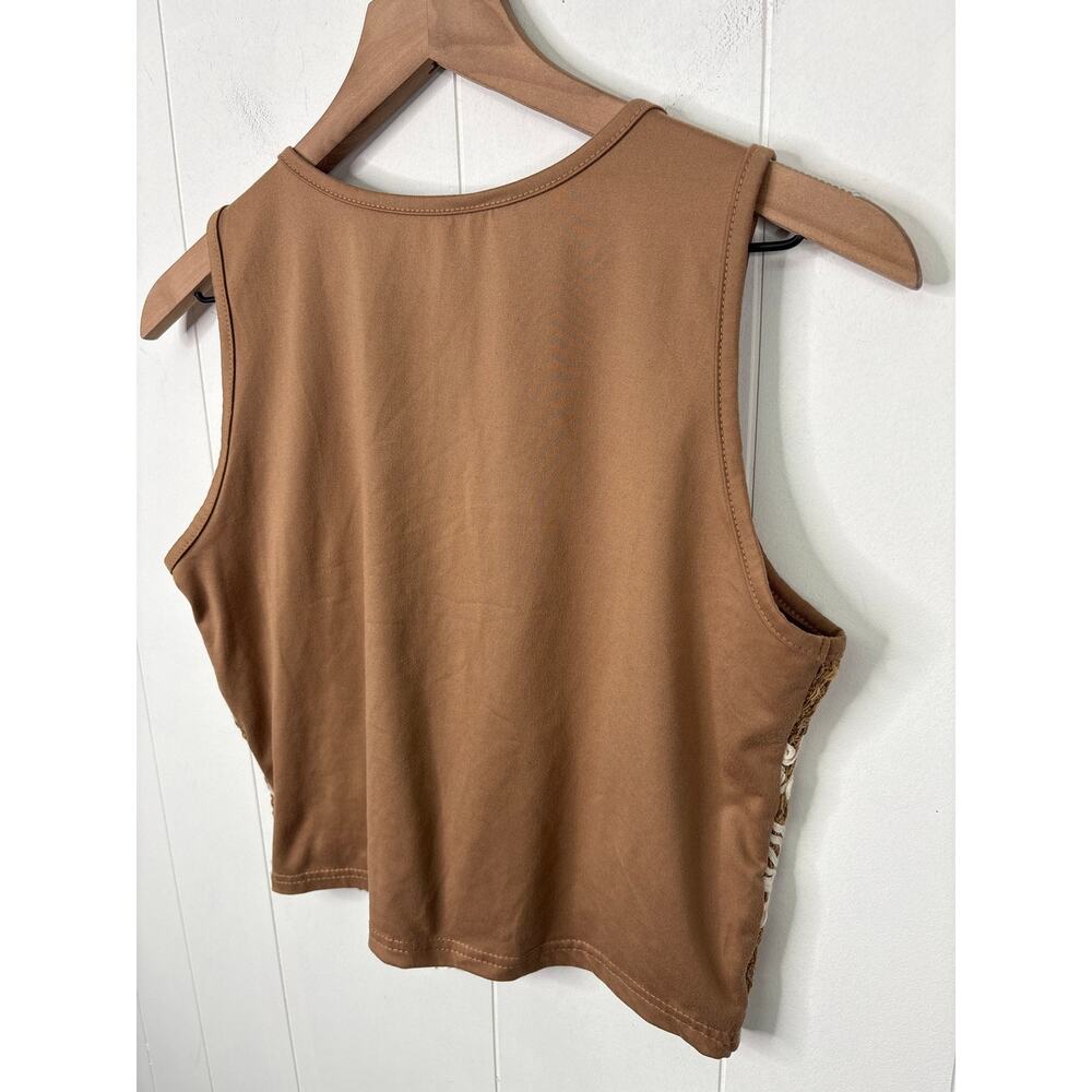Floral Crochet Cropped Tank Top Large Tan White Wildflower Boho Beach Cottage - Picture 6 of 7